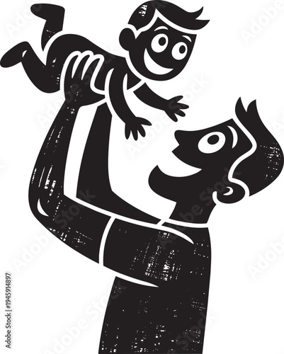 Father holding baby high in air, expressing joy and parental love, textured black and white