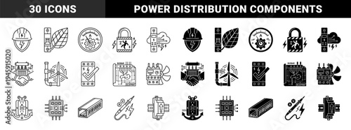 Hybrid industrial electrical engineering icons merging power circuit breakers with renewable energy leaves wind turbines and maintenance tools