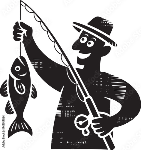 Fisherman holding fish and fishing rod, illustration, hobby and leisure.