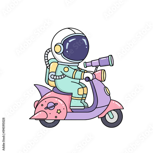 Astronaut Riding Scooter with Telescope, Cute Space Adventure Cartoon
