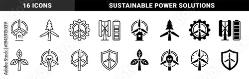 Hybrid wind turbine icons merging renewable energy with residential home battery storage light bulb gear and natural leaf elements for sustainable power
