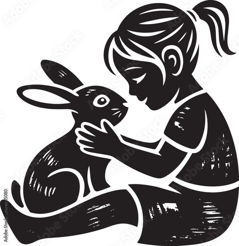 Girl petting rabbit cartoon character child with bunny woodcut style illustration
