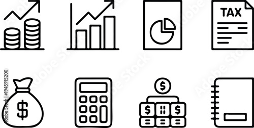 Accounting and taxation linear icon collection showing tax forms profit graphs calculator and cash management