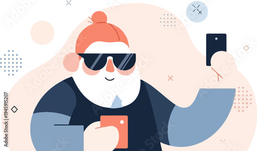 Flat design illustration of a person with a bun, sunglasses, and beard taking a selfie