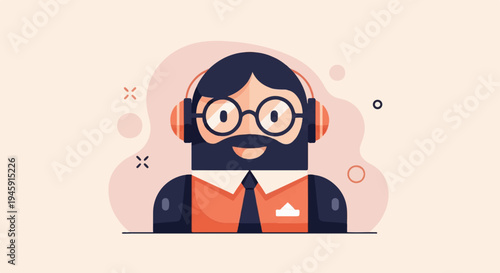 Flat design illustration of a person with beard, glasses, and headphones