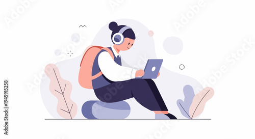 Flat design illustration of a person with headphones and backpack using a laptop
