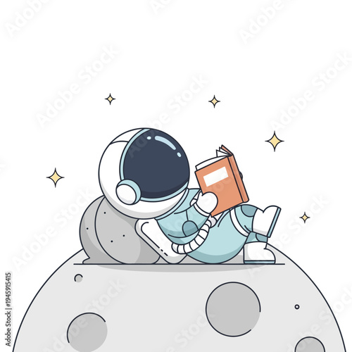 Cute Astronaut Relaxing Reading Book on Moon Surface, Stars Background Vector Art