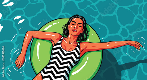 Young woman floating in pool with arms outstretched on green ring