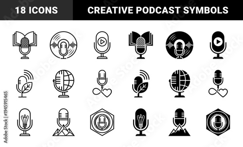 Black and white podcast microphone hybrid icon set merging audio broadcasting equipment with symbols for education nature global news and science