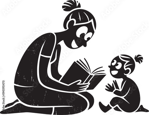 Mother and child sitting together reading book, silhouette illustration, textured black and white
