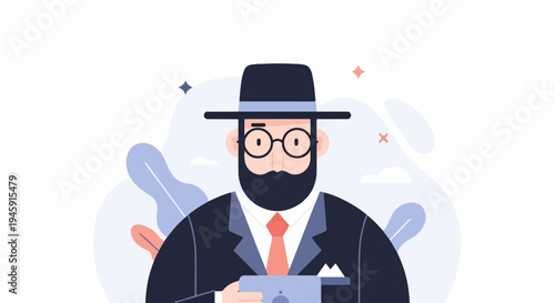 Flat design man with hat, glasses, beard, suit, tie, holding device
