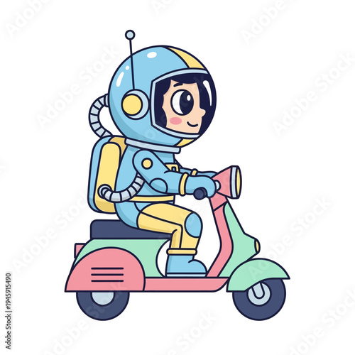 Cute astronaut riding a colorful retro scooter, vector illustration