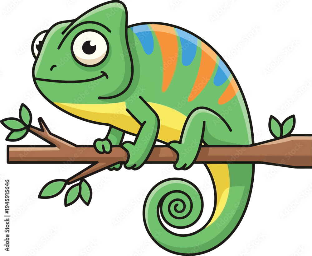 Fototapeta premium Cute green cartoon chameleon with orange and blue stripes on a branch Black outline coloring book