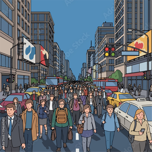 Busy city street crowd with pedestrians, cars, buses, tall buildings. Dynamic city street crowd shows people walking sidewalks, traffic, urban ads.