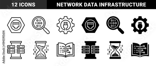Black and white hybrid technology icons merging digital connectivity with hardware and data storage symbols for network infrastructure and cloud computing