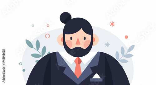 Flat design portrait of a bearded man in a dark suit with a coral tie