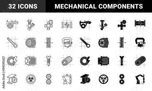 Hybrid industrial engineering and mechanical component icons featuring integrated technical symbols such as calipers gears pistons and bearings