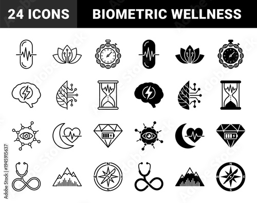 Biometric Wellness and Biohacking Hybrid Icon Set Featuring DNA Stopwatch Brain Lightning Bolt and Molecular Eye Designs in Dual Outline and Solid Style