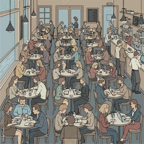 Busy cafe interior with many customers enjoying coffee and conversations at tables. Busy cafe scene depicts people working, socializing, and relaxing, creating a vibrant atmosphere.
