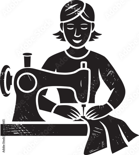 Woman sewing fabric with sewing machine, illustration, craft and tailoring.