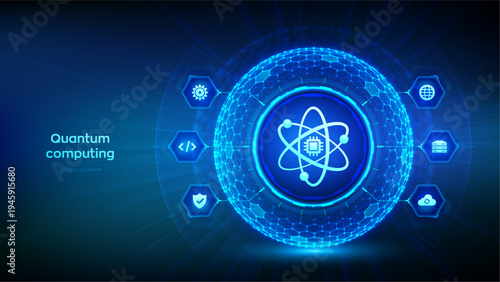 Quantum computing technology concept. Quantum qubit intelligent computing. Data analytics. AI. Artificial intelligence. Deep learning. 3D sphere with a hexagonal surface. Vector illustration.