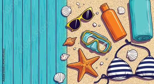 Flat lay of summer beach essentials on sand and blue wood
