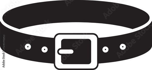 Simple black leather belt with silver buckle and holes isolated on transparent background