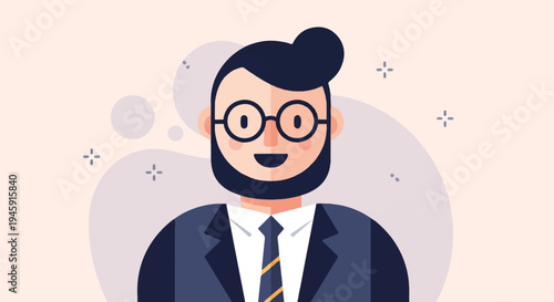 Flat illustrated man with glasses, beard, and suit