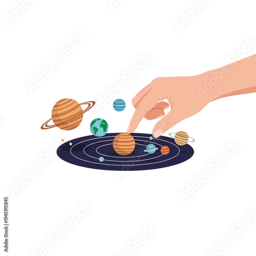 Hand Interacting with Solar System Model, Space Exploration Concept