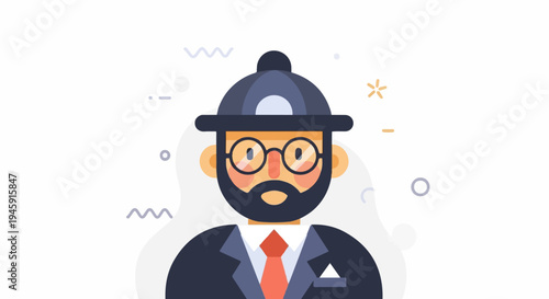 Flat illustrated man with beard, glasses, hat, and suit