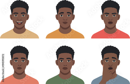African american man facial expressions set with surprise joy and thoughtful emotions for character design