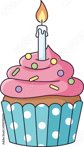 Quadro su tela Pink frosted cupcake with candle and sprinkles Black outline coloring book