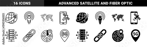 Global Network Connectivity and Data Infrastructure Hybrid Icons Featuring Fiber Optic Globe Circuit World Map and Satellite Mobile Technology