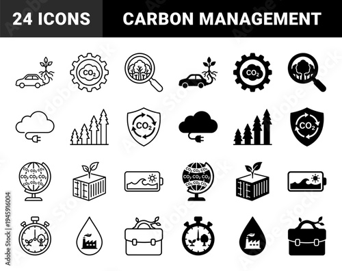 Carbon Capture and Green Energy Hybrid Icon Set Featuring CO2 Reduction Technology Sustainable Forestry and Industrial Emission Management