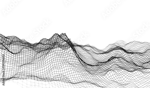 Abstract cyber ai background digital design with wireframe landscape grid line. 3D mountain and futuristic technology topographic big data concept. 