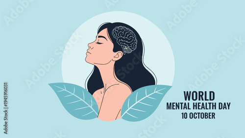 Side profile of a woman with a brain illustration and leaves celebrates World Mental Health Day on October 10 with a blue theme.