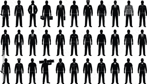 Professional occupation silhouette collection featuring construction worker, police officer, businessman and casual worker characters, diverse career people icons isolated