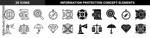 Hybrid Security and Data Protection Icons Featuring Shield Lifebuoy Document Compass Safe Clock Lighthouse Scale Hard Drive Umbrella Key and Globe