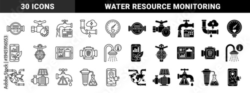 Smart water management and utility monitoring hybrid symbols featuring meter gauges leak detection sensors and sustainable plumbing infrastructure