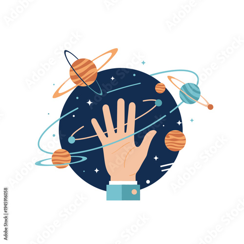Hand Reaching Towards Cosmic Galaxy with Planets and Stars