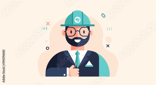 Flat illustration of a bearded man in a hard hat and suit