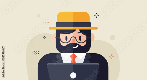 Flat illustration of a bearded man in a hat and glasses working on a laptop