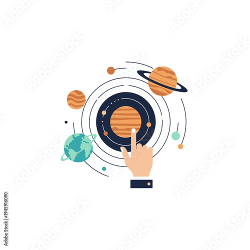 Human hand touching glowing solar system model with planets and orbits
