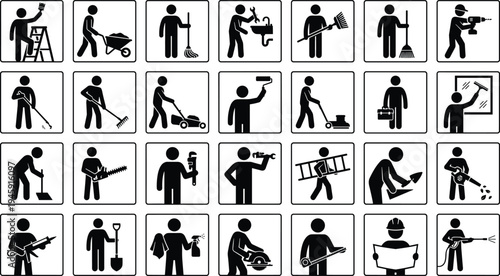 Home service and construction worker icon set featuring cleaning, plumbing, gardening, repair and maintenance tasks, professional labor pictograms isolated