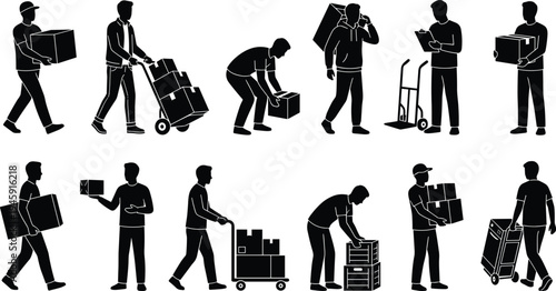 Warehouse and delivery worker silhouettes carrying boxes, loading packages and handling logistics transport tasks, courier service icons isolated