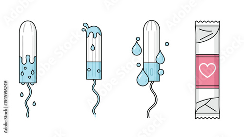 Collection of various menstrual tampons and a wrapped product with a heart icon illustrates feminine hygiene and period care options.