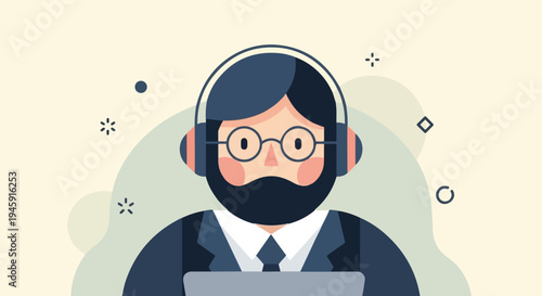 Flat illustration of a bearded man wearing headphones and glasses, with a laptop