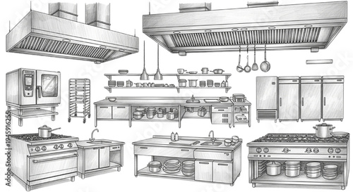 Commercial Kitchen Equipment Vector Set – Stainless Steel Restaurant Appliances, Professional Catering Cooking Tools Collection