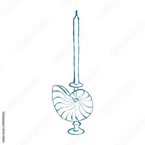 Illustration of a vintage candle on a seashell stand. Sketch for coastal-themed weddings and celebrations. Vector outline clip art in blue.