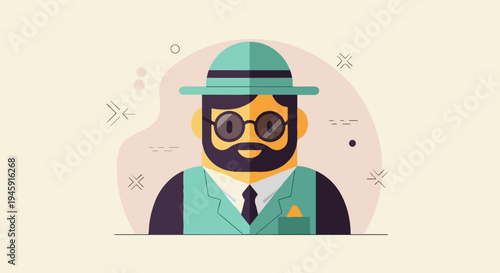 Flat illustration of a bearded man with a hat and glasses